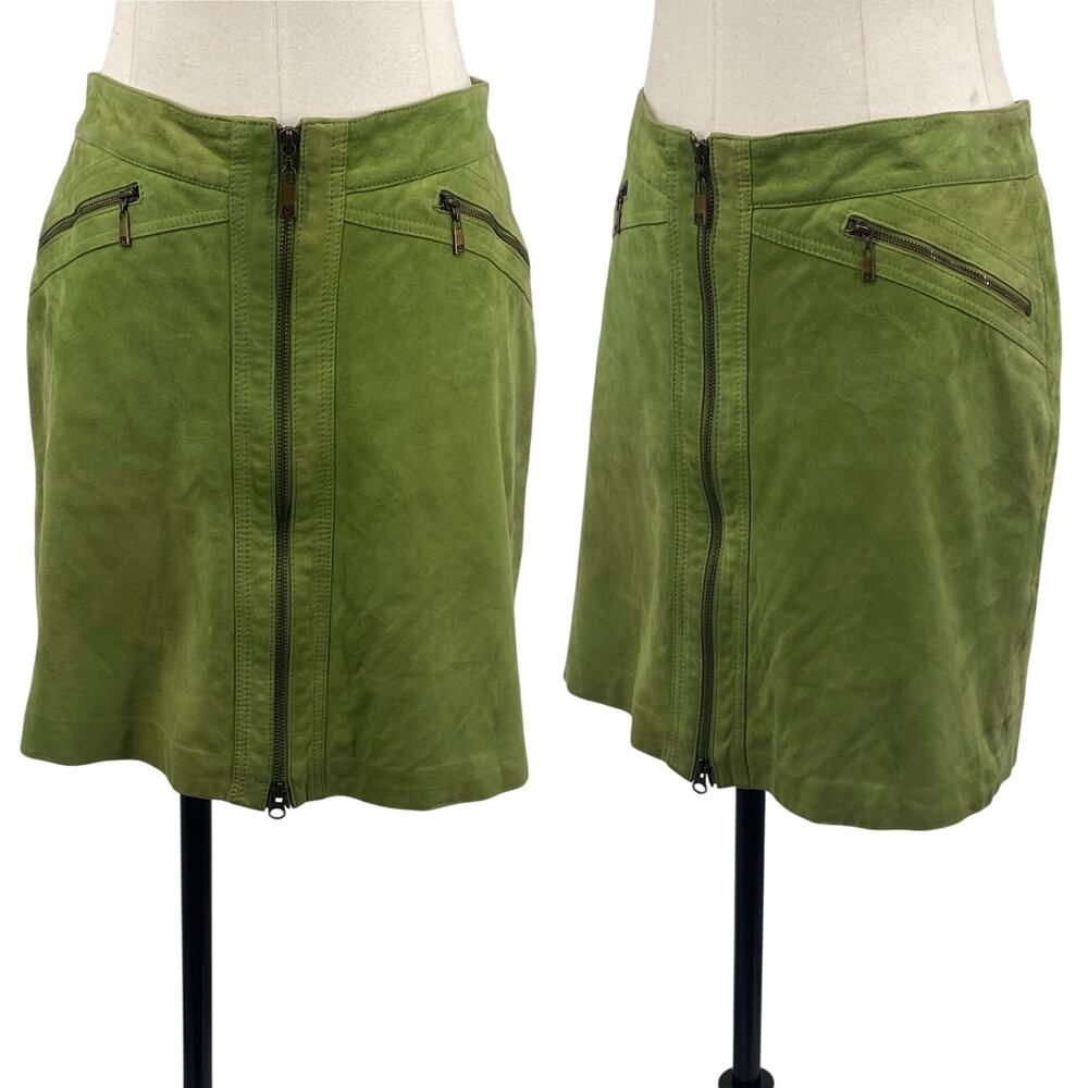 Vintage Y2k Michael Kors Suede Leather Mini Skirt Front Zip Lime Green 6